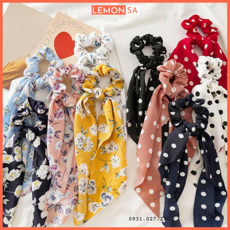 Cột tóc vải nơ dài Scrunchies hoa lớn - Mã SC039