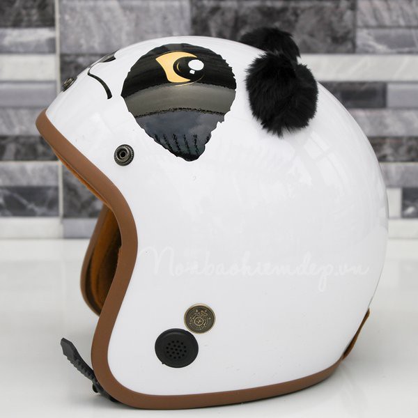 Nón bảo hiểm 3/4 Panda gấu trúc trắng siêu cute - có tai lông ngộ nghĩnh