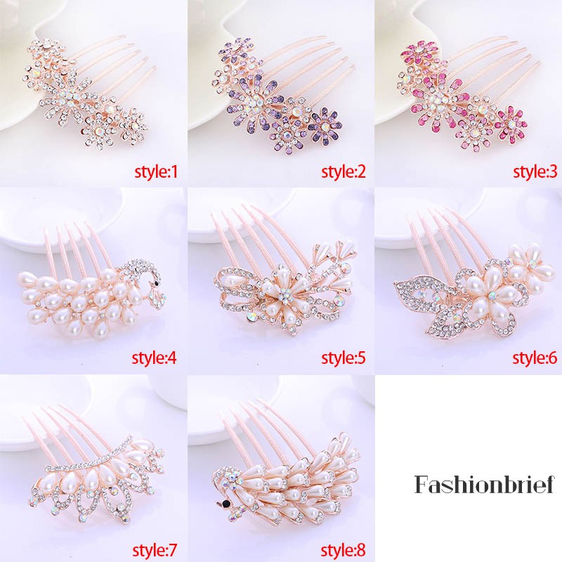 Lược cài tóc họa tiết hoa đính ngọc trai và kim cương nhân tạo thanh lịch cho cô dâu
