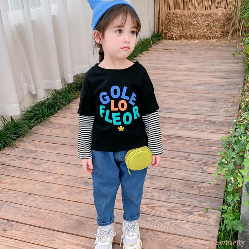 Áo thun tay dài kẻ sọc phối màu phong cách dễ thương cho trẻ em