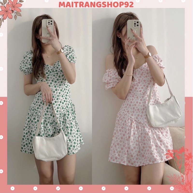 Váy hoa nhí trễ vai tay bồng chun lưng chữ A dáng ngắn 2 lớp cup ngực đi chơi đi biển siêu xinh  (TTA120)