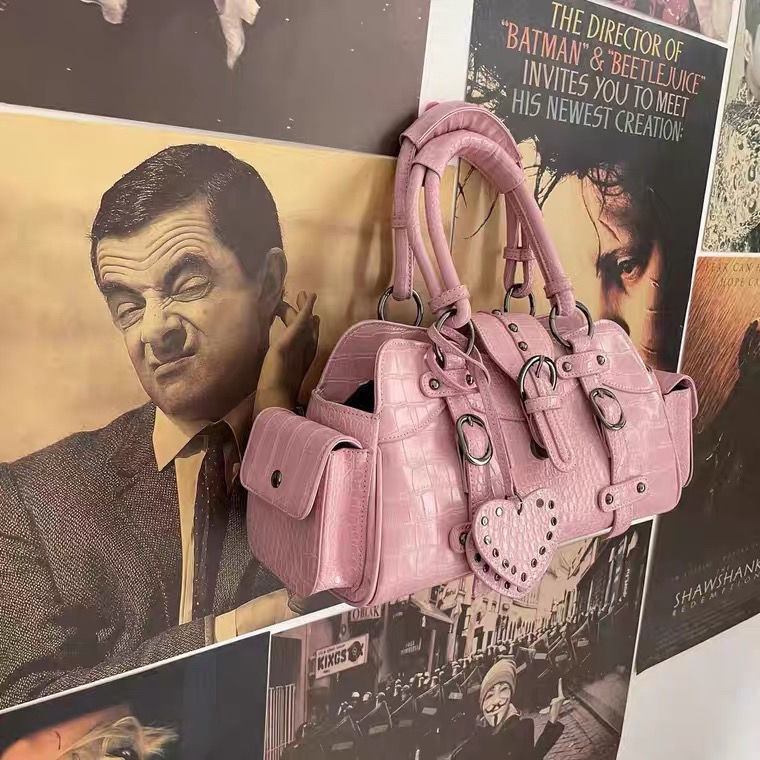 Túi xách đeo vai nắp lật họa tiết da cá sấu phối đinh tán phong cách retro vintage chính hãng