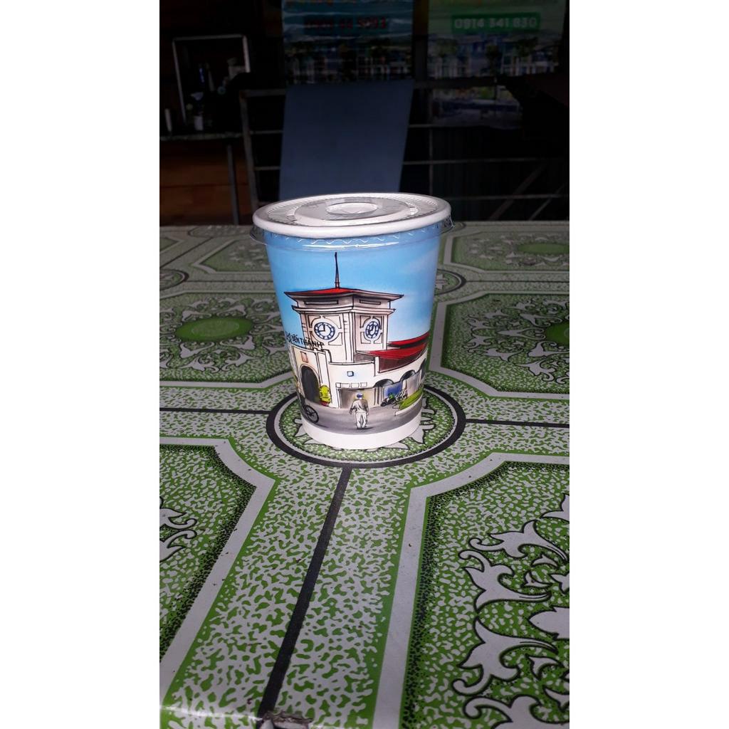 Ly giấy 360ml - 14oz mẫu Chợ Bến Thành, Set 100 cái kèm nắp