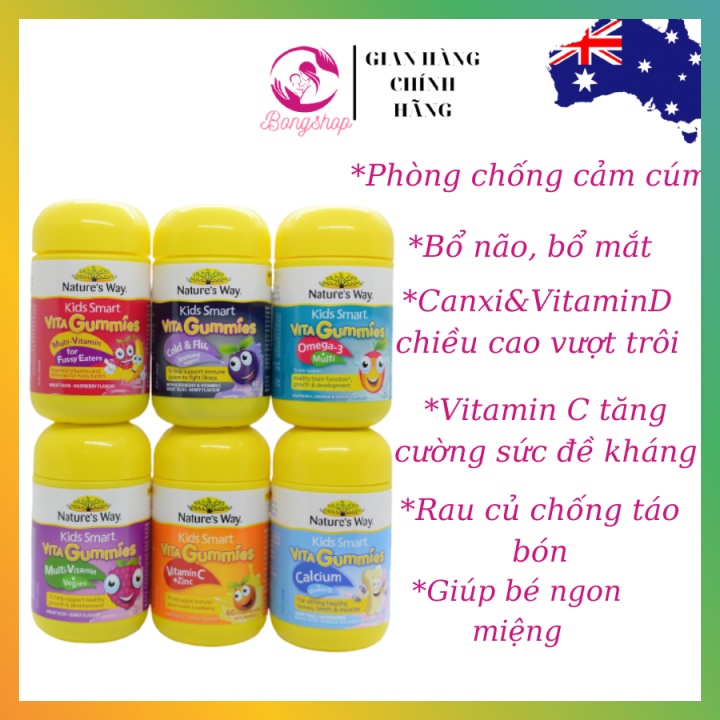 [Cam kết chuẩn Auth] Vita Gummies Nature's Way Úc - Kẹo gôm bổ sung vitamin cho bé - 60 viên gum - 7 vị