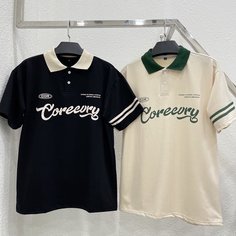 Áo thun Polo COREEVRY tan / đen viền tay áo cá sấu nam nữ unisex áo thun có cổ form rộng