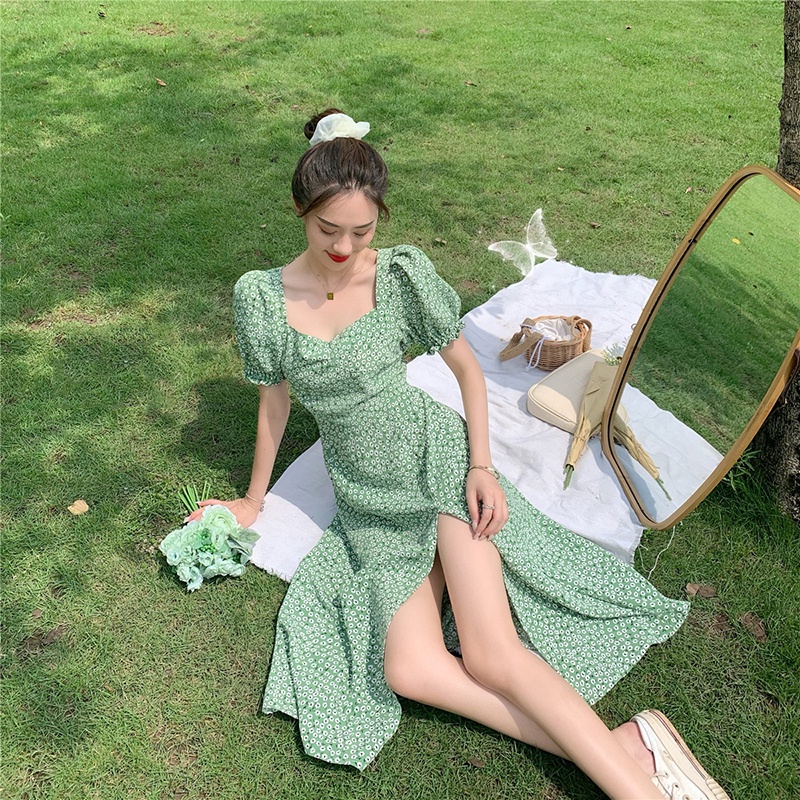 Đầm IELGY tay ngắn cổ vuông họa tiết hoa phong cách Pháp ngọt ngào tươi tắn nhỏ nhắn dành cho nữ