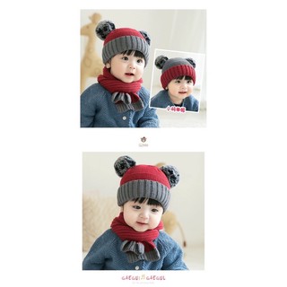 Set mũ len 2 quả bông kèm khăn cho bé