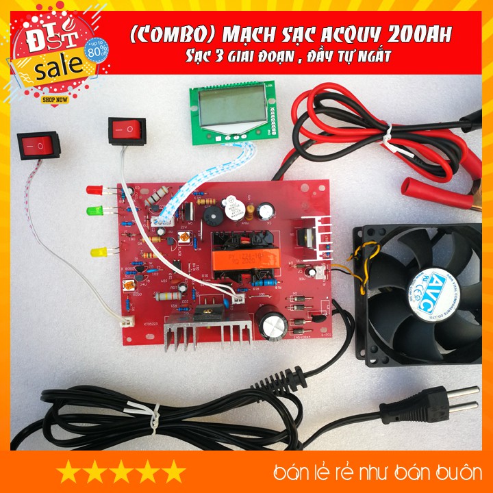 Mạch sạc acquy 12V / 24V 200Ah Sạc 3 Giai đoạn đầy tự ngắt, hiển thị màn hình LCD English