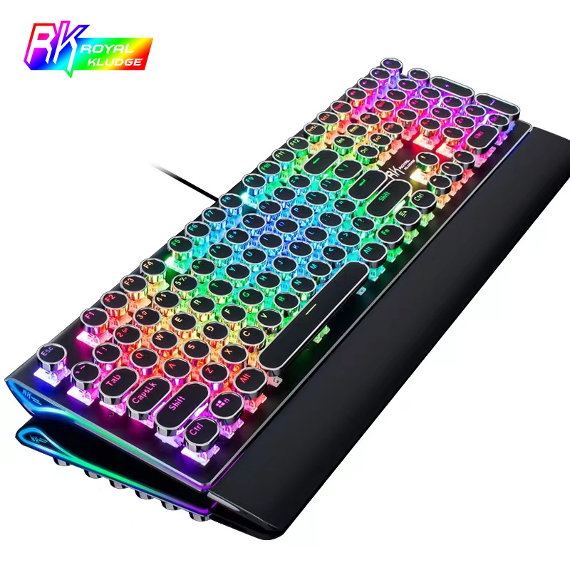 ROYAL KLUDGE RKS108 Bàn phím cơ máy đánh chữ có dây màu đen Đèn nền RGB Giá đỡ cổ tay có thể gập lại 100% Kích thước đầy đủ 108 phím Keycap tròn Retro Công tắc màu xanh/nâu/đỏ cho văn phòng/đánh máy/chơi game