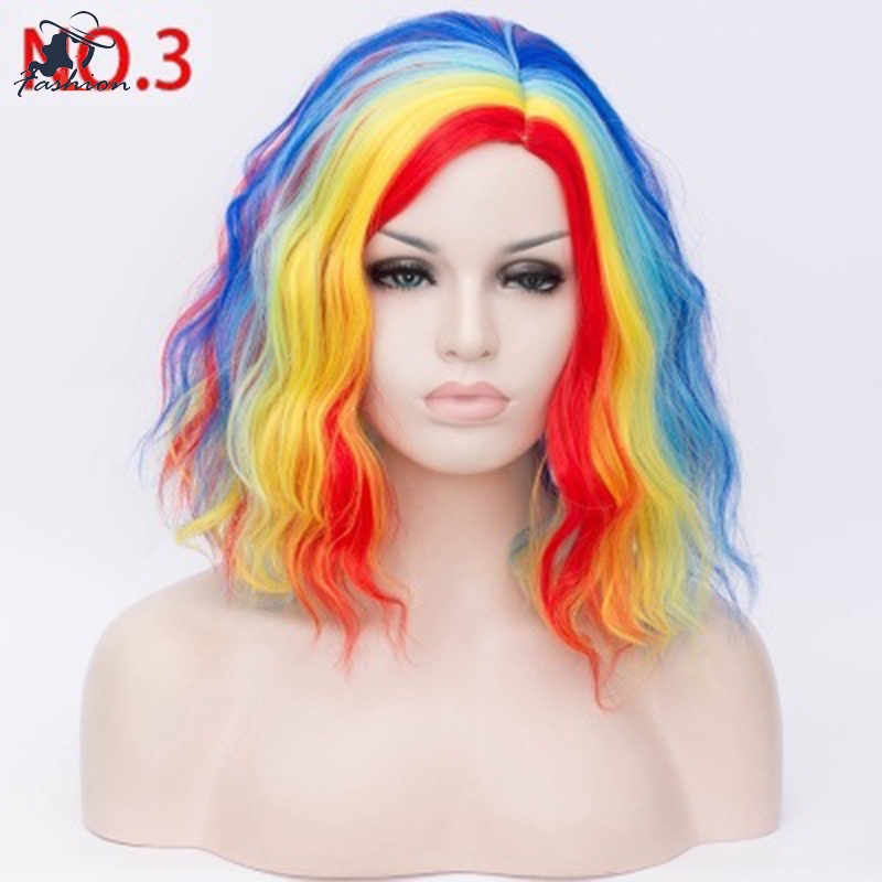 FF Women Short Curly Hair Wigs Heat Resistant Fibre Multicolor Rainbow Wigs