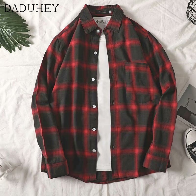 Áo khoác sơ mi DADUHEY tay dài kẻ sọc ca rô kiểu retro Hàn Quốc cá tính cho nam và nữ 3 màu lựa chọn