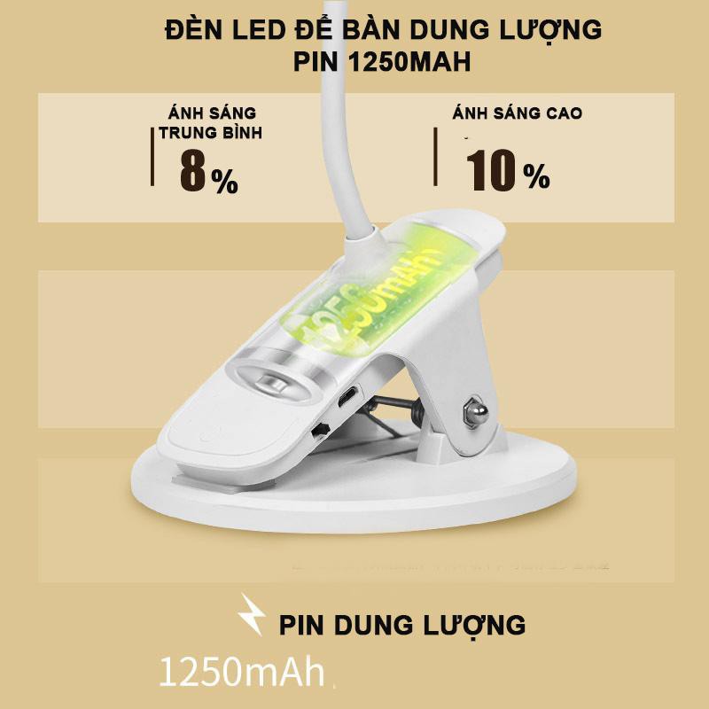 (Giảm giá 50%) Đèn bàn led usb dung lượng pin 1250mah kẹp đa năng bảo vệ mắt khi đọc  3 Mức Độ Sáng- giao ngẫu nhiên