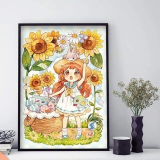 [ Ảnh thật ] Tranh thêu chữ thập hoạt hình bé gái hoa hướng dương chỉ cotton thêu kín
