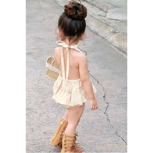 Đầm Bé Gái Cổ Chữ V Màu Trơn