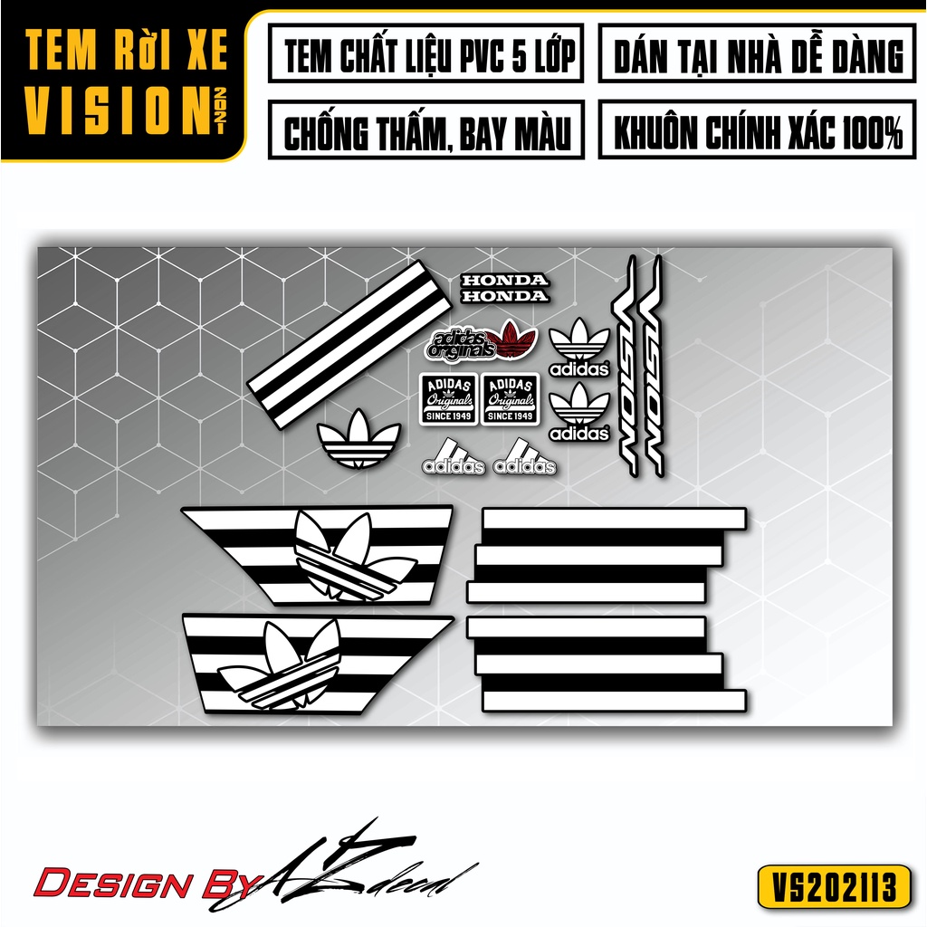 Tem Xe Vision Mẫu Adidas 2015 2019 2020 2021 2022 | VS13 | Team Decal Xe Vision Rời Cắt Khuôn Sẵn Dễ Dán Chống Nước