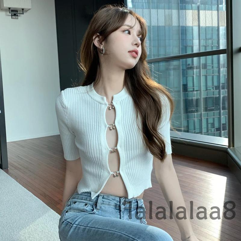 Áo Crop Top Tay Ngắn Cổ Tròn Màu Sắc Đơn Giản Cho Nữ