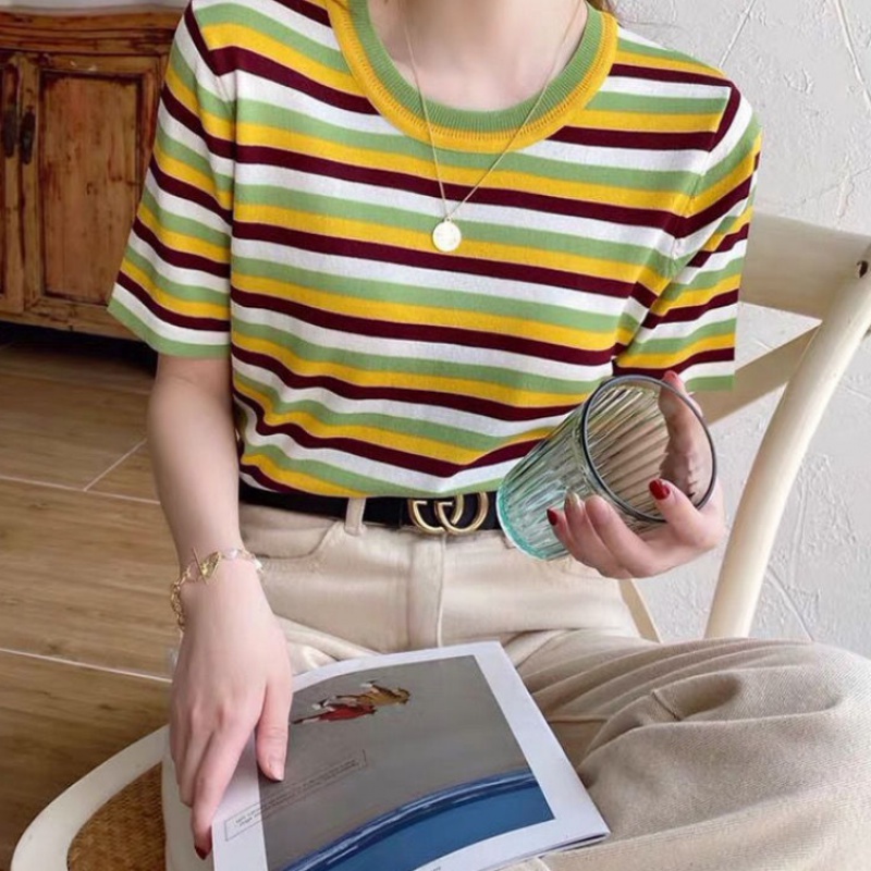 Màu Sắc Áo Sweater Kẻ Sọc Chất Lụa Thoáng Khí Thời Trang Mùa Hè Cho Nữ
