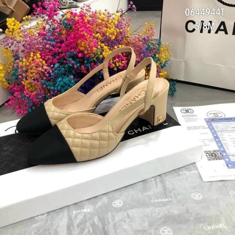 Giày Sandal Nữ Cao Gót Vuông 5cm Mũi Đen Trần Trám