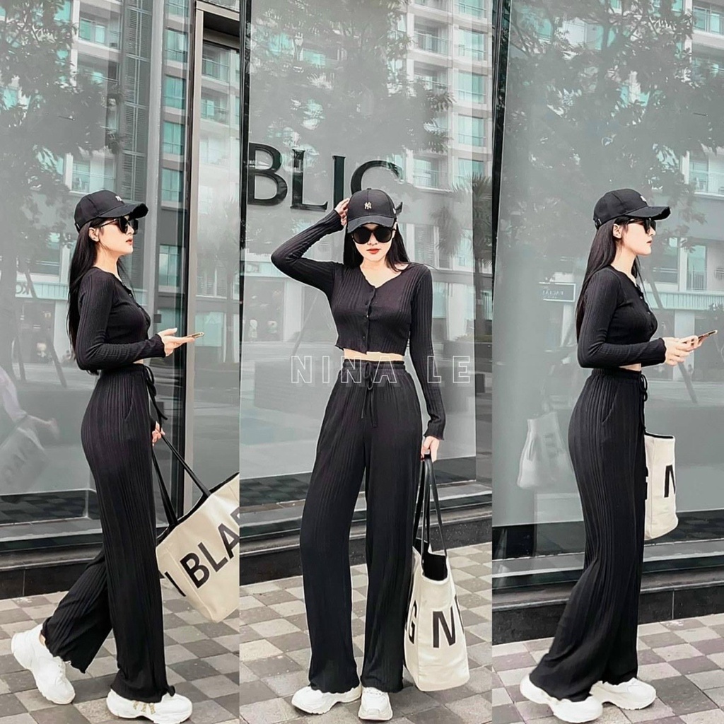 Sét bộ nữ croptop tay dài cổ V kèm quần dài ống rộng trẻ trung, năng động thời trang nữ cho nàng đi chơi