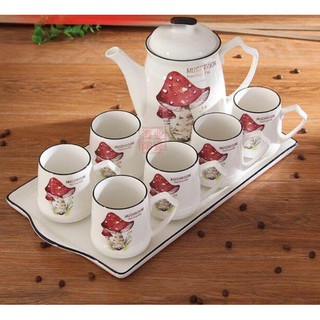 BỘ ẤM CHÉN KÈM KHAY PHA TRÀ CÀ PHÊ CÂY NẤM ĐỎ