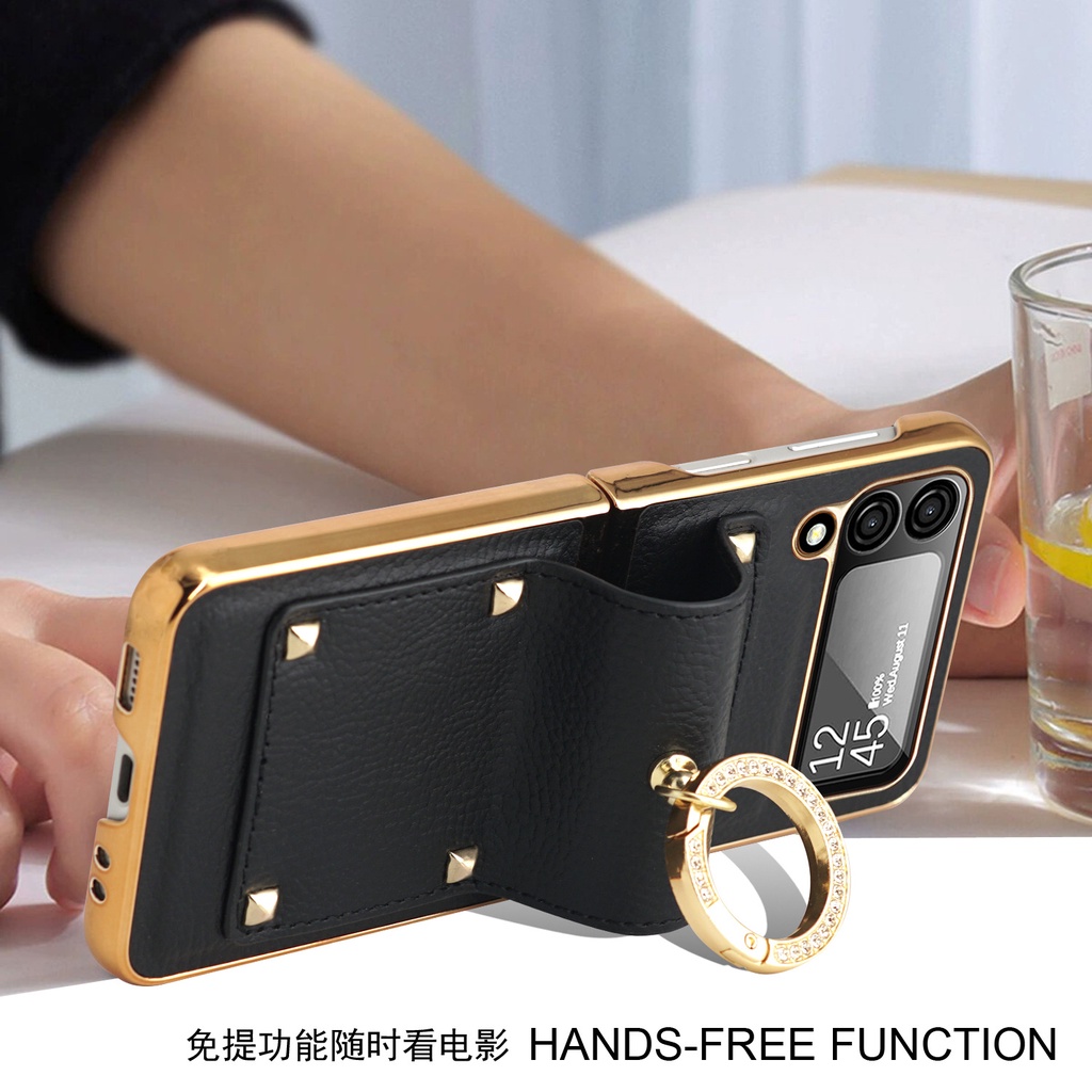 Ốp Điện Thoại Da Kèm Móc Xỏ Ngón Kim Loại Sang Trọng Cho Samsung Galaxy Z Flip 4 Samsung Z Flip 3 4