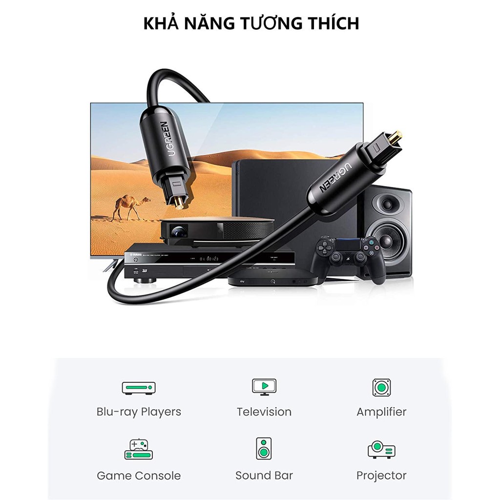 Cáp audio quang Toslink Optical UGREEN 70890 | Hỗ trợ âm thanh 5.1/ 7.1 | Đầu cáp mạ vàng | BH 18 Tháng 1 Đổi 1 |