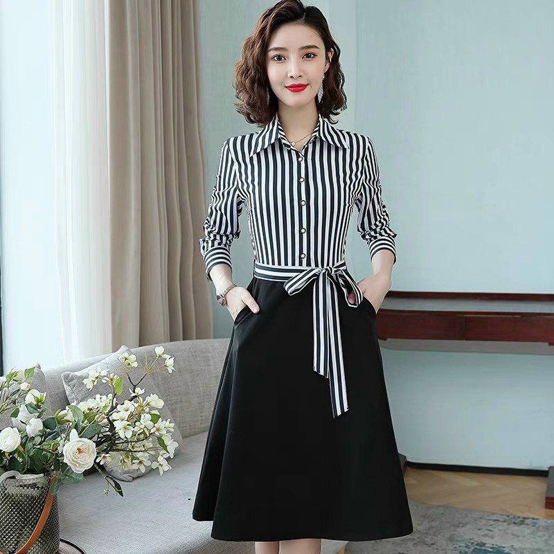 Váy đầm trung niên cho mẹ màu đen sọc dáng dài Linhnastore (Qùa tặng mẹ)