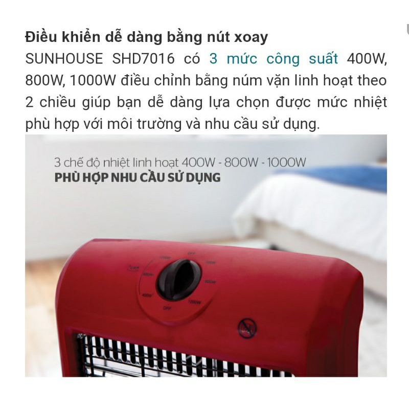 Quạt Sưởi, Máy Sưởi 3 Bóng Sunhouse Halogen SHD 7016 Hàng Chính Hãng BH 12 Tháng Toàn Quốc