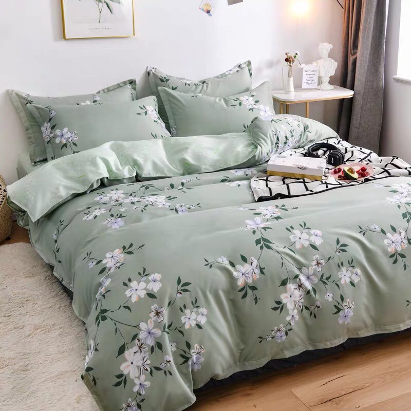 Bộ Chăn ga cotton poly Emmidecor cao cấp- mẫu HOA XANH 123 giá tốt