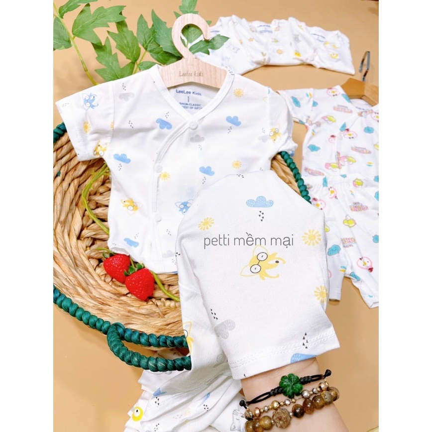 Bộ cộc tay petit cúc lệch Leeleekid cho bé sơ sinh họa tiết đáng yêu hàng chất lượng cao