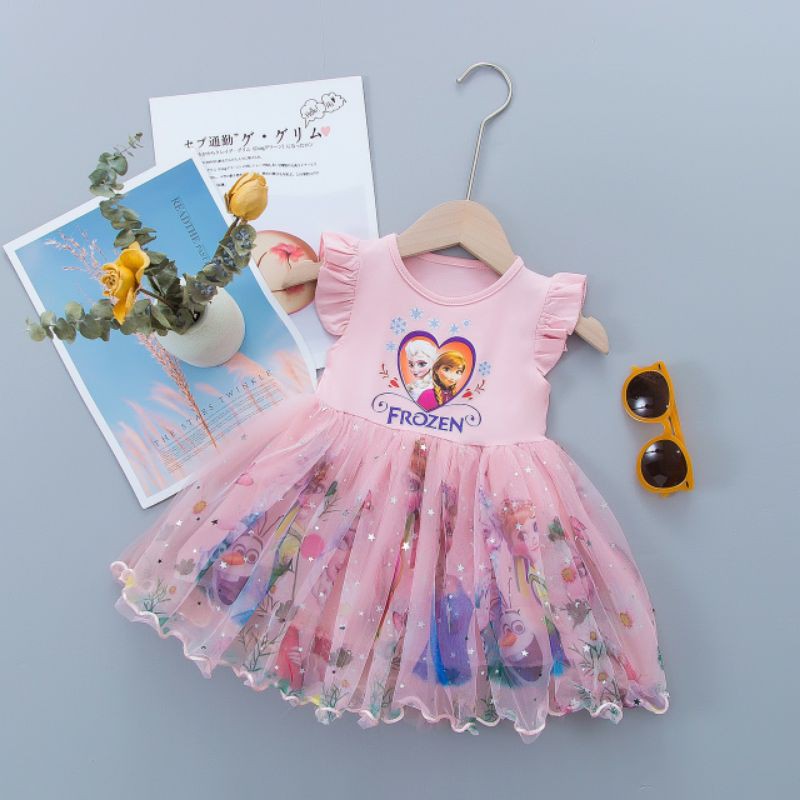 Đầm bé gái tay cánh tiên kết hợp với chân váy lưới in hoạ tiết ♥️size 1-5Y♥️ Bé đi học,đi chơi rất đáng yêu ♥️ Kèm quà