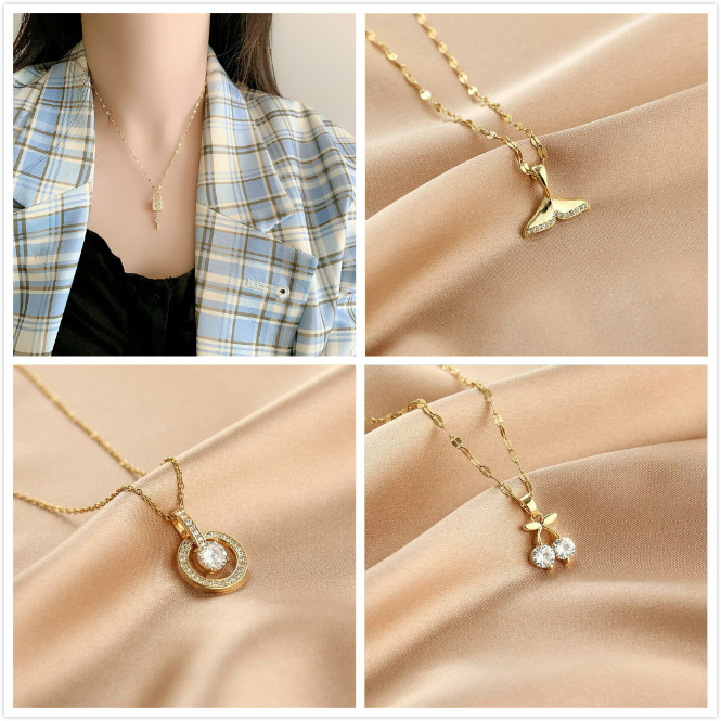 Dây chuyền ngắn đính đá zircon mặt hình vương miện/cherry/kim cương/đuôi cá/chìa khóa/đậu phộng