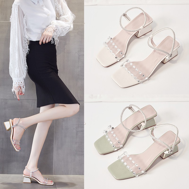 Guốc Sandal Cao Gót Đính Đá Đinh Tán 5 Phân Dế Vuông Gót Vuông