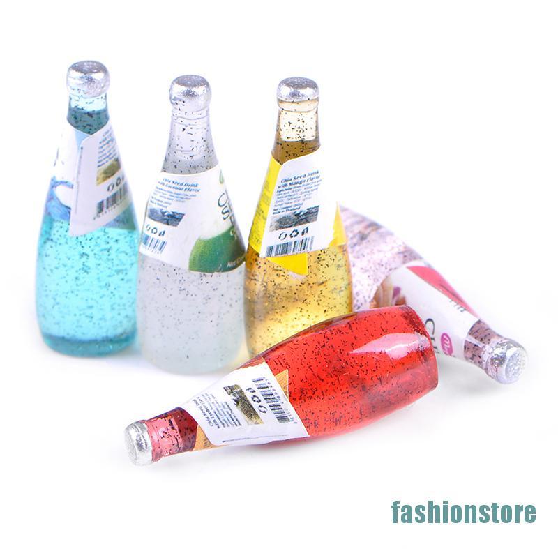 Set 5 mô hình chai nước uống trái cây mini tỉ lệ 1/ 12 trang trí nhà búp bê