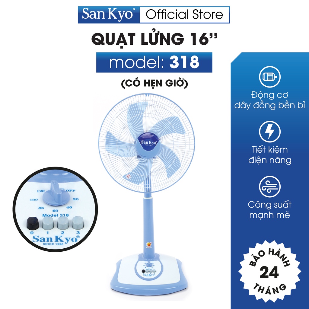 Quạt Lửng 318 Sankyo - Có Hẹn Giờ - Động Cơ Motor Dây Đồng - Cỡ Lớn 16 Inch
