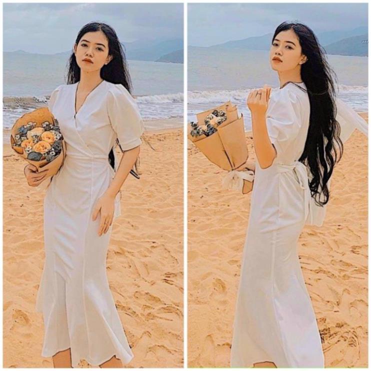 X2 váy ôm body dự tiệc tôn dáng Đầm maxi trắng đuôi cá form dài cổ v tay phồng lỡ (kèm hình thật)