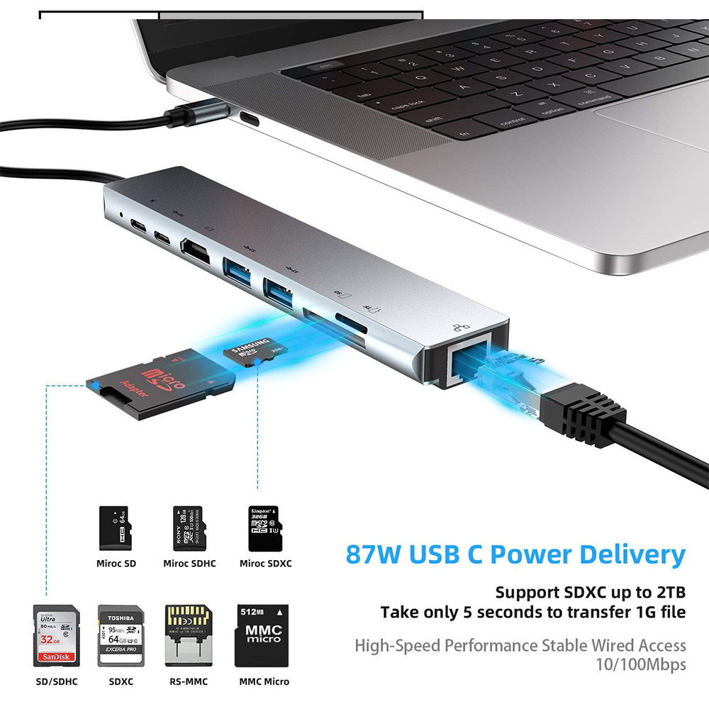 Đế Sạc Đa Năng 8 Trong 1 Cổng Usb Type C Sang Usb-C 4k Hdmi Tf Rj45