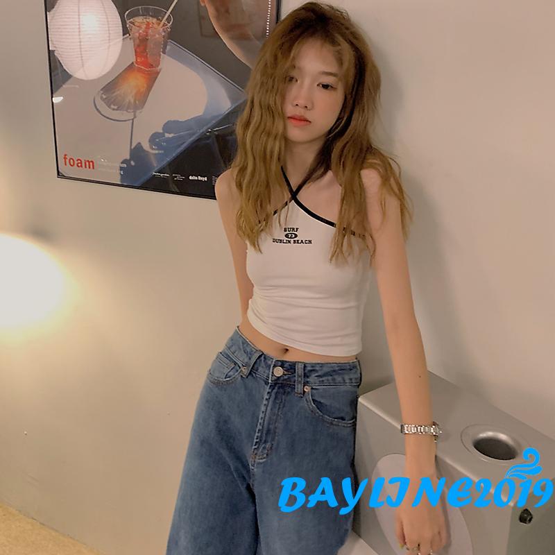 Áo Lửng Cổ Yếm Không Tay In Chữ Thời Trang Dành Cho Nữ