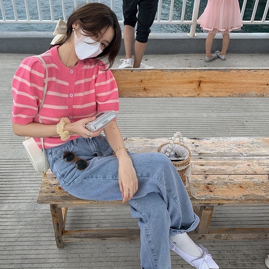 Áo cardigan ZHELIHANGFEI len cổ tròn tay ngắn phồng họa tiết kẻ sọc màu sắc tương phản thời trang