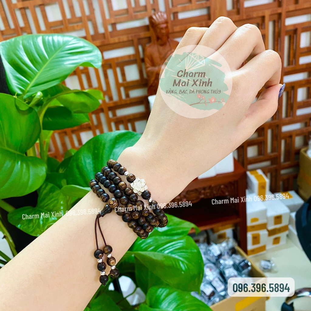 Chuỗi Trầm Hương Sánh chìm 108 hạt phối Hoa Sen Si Bạc, Bạc Phủ Vàng 925 - Vòng Tay Gỗ tự nhiên Nữ phong thuỷ
