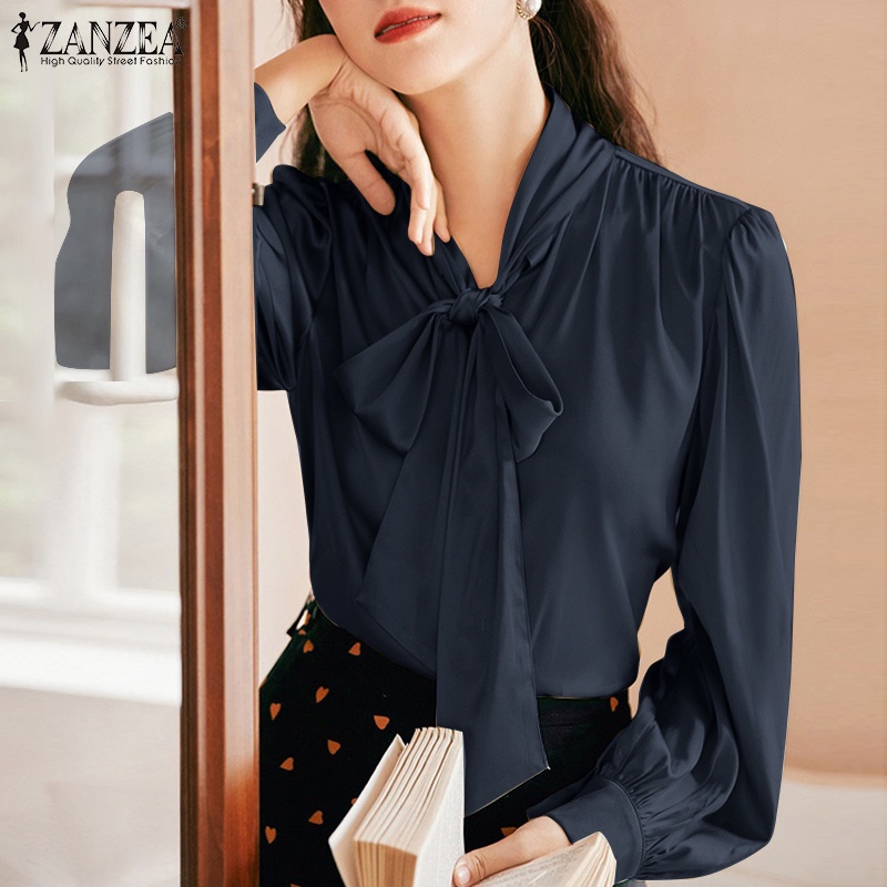 Áo sơ mi satin ZANZEA dáng rộng màu trơn phối dây buộc nơ thời trang cho nữ