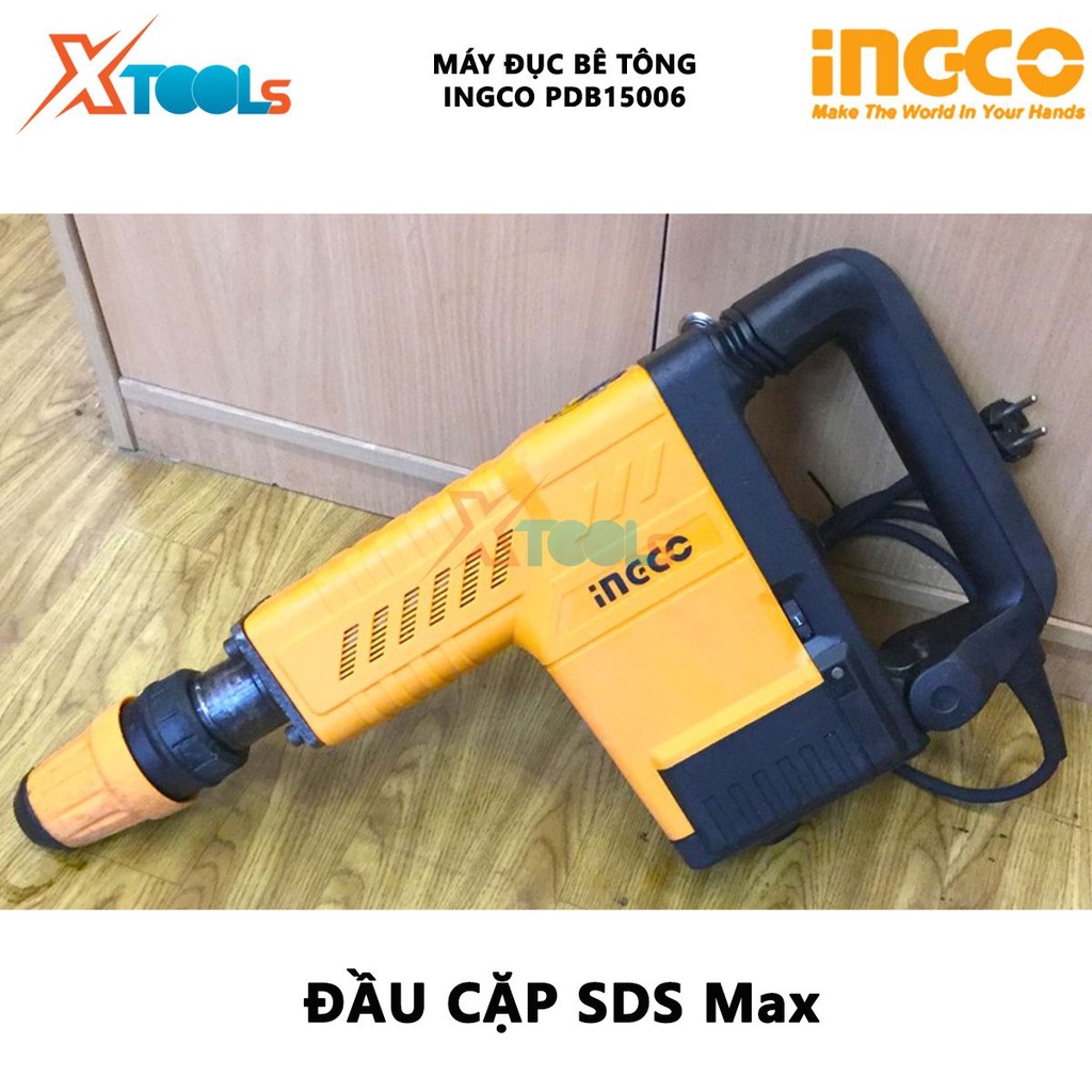 Máy đục bê tông INGCO PDB15006, công suất 1500W, điện thế 220V, Tốc độ đập: 1000-1900bmp, lực đập: 6-25J, đầu gài SDS