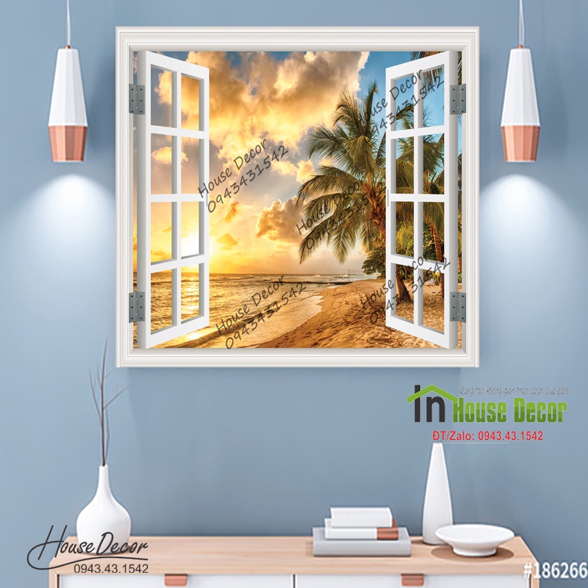 Giấy Dán tường Cửa sổ Phong Cảnh - Tranh 3d phòng khách - Decal Dán tường KHUNG CẢNH CỬA SỔ -Phong Cảnh Biển