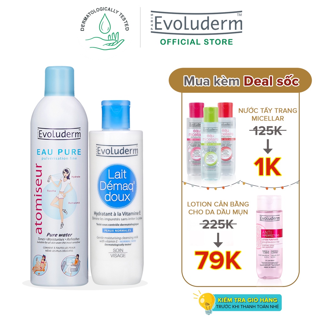 Bộ 2 Xịt khoáng Evoluderm Atomiseur Eau Pure 400ml và Sữa tẩy trang Evoluderm 250ml-7084-3060