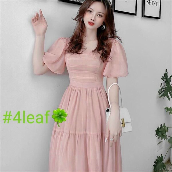 (Sale FreeShip) Đầm tiểu thư nữ dáng dài,đầm cổ vuông tay phồng thiết kế tầng dễ thương,tone màu hồng sang chảnh