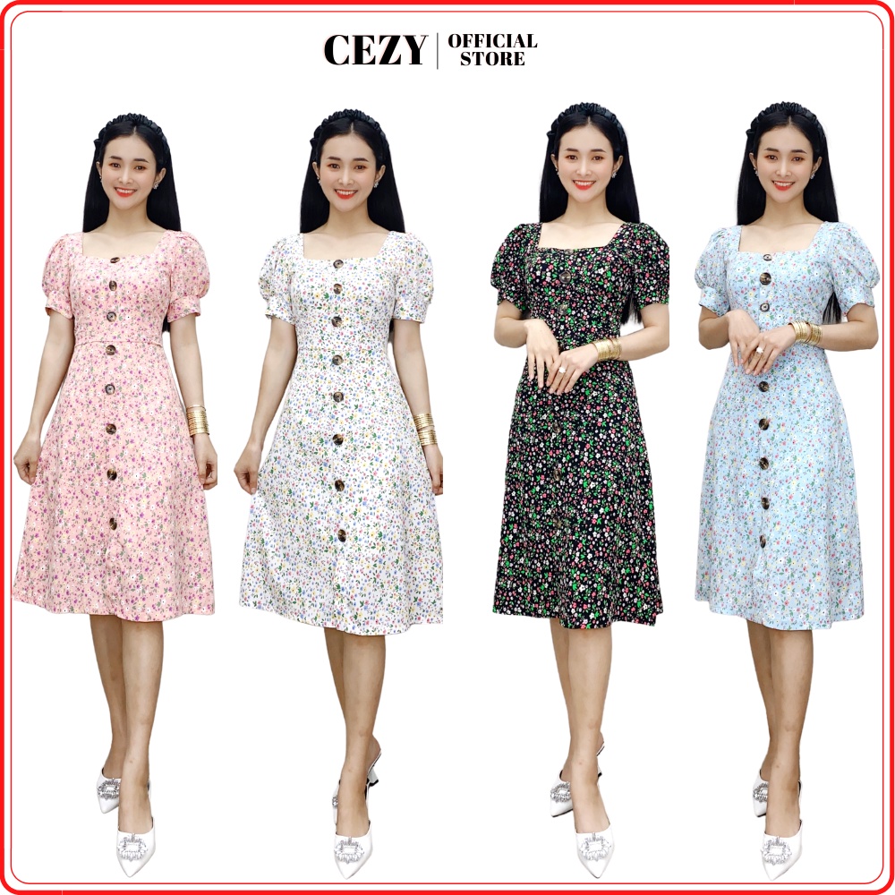 Đầm hoa cổ vuông tay phồng dáng xòe có size bigsize Cezy D23