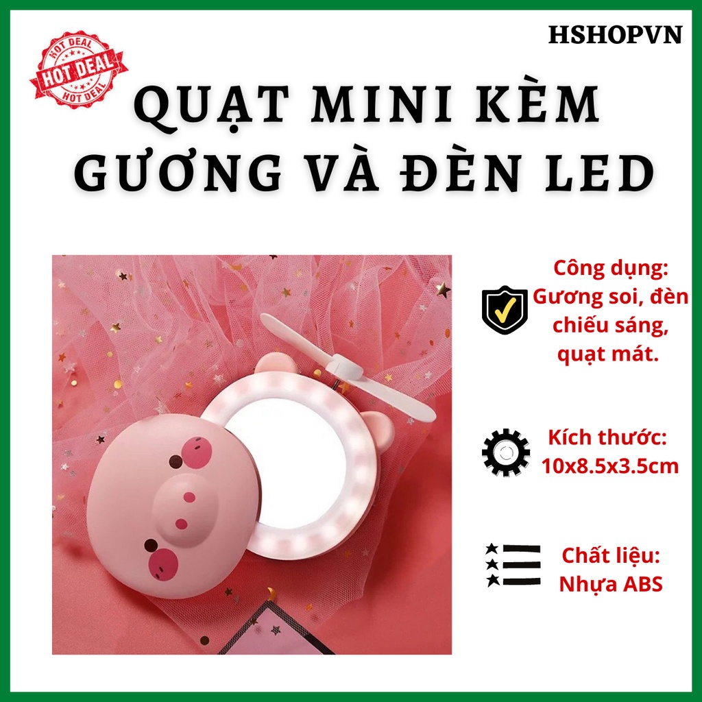 Quạt Mini kèm gương và đèn LED lợn hồng đáng yêu