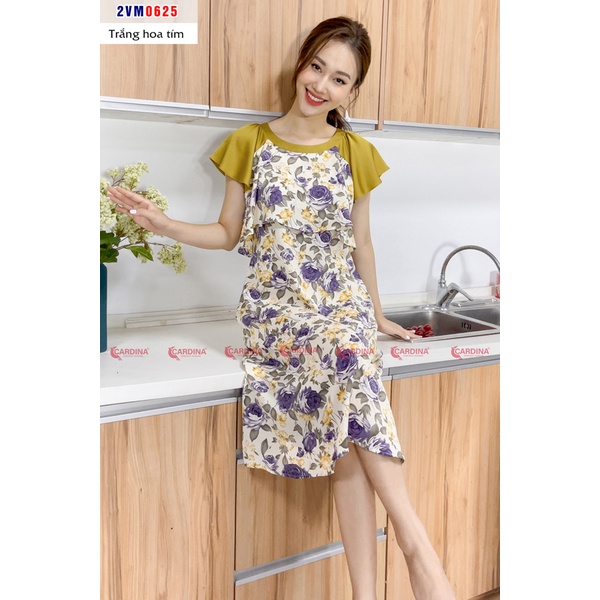 Đầm nữ CARDINA chất lụa Mango cao cấp phối tay Raglag dáng suông họa tiết tinh tế 2VM06