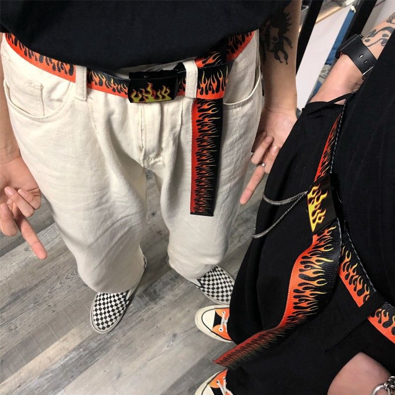 Thắt lưng 227004 khóa trượt vải canvas in họa tiết ngọn lửa phong cách Hàn Quốc dễ phối đồ cho nam nữ