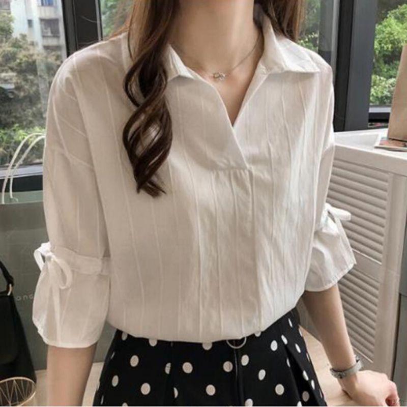 Áo sơ mi tay lỡ cổ chữ V hoạ tiết kẻ sọc thiết kế hợp thời trang sơmi nữ